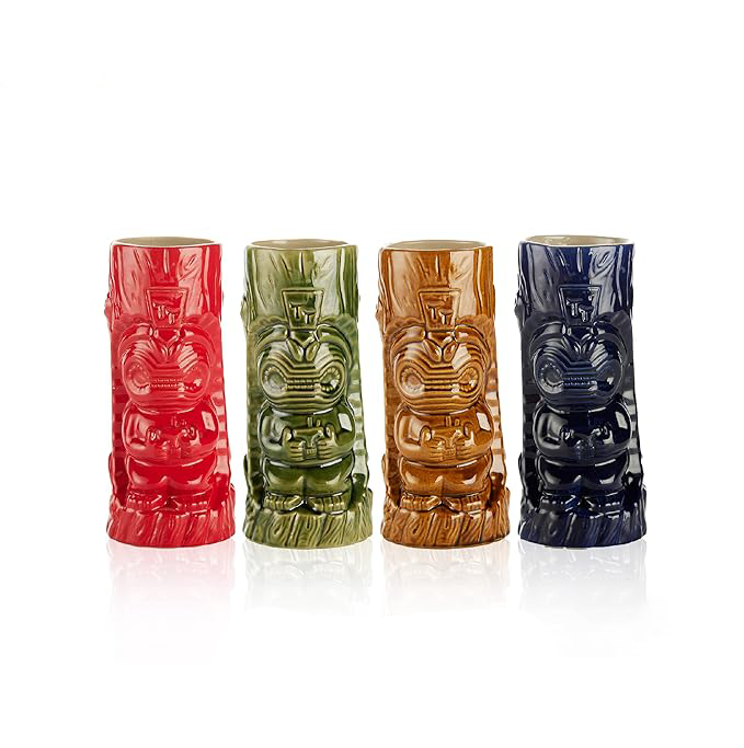 Ceramic Hawaiian Tiki Glasses Set of 4 (13.4 oz)