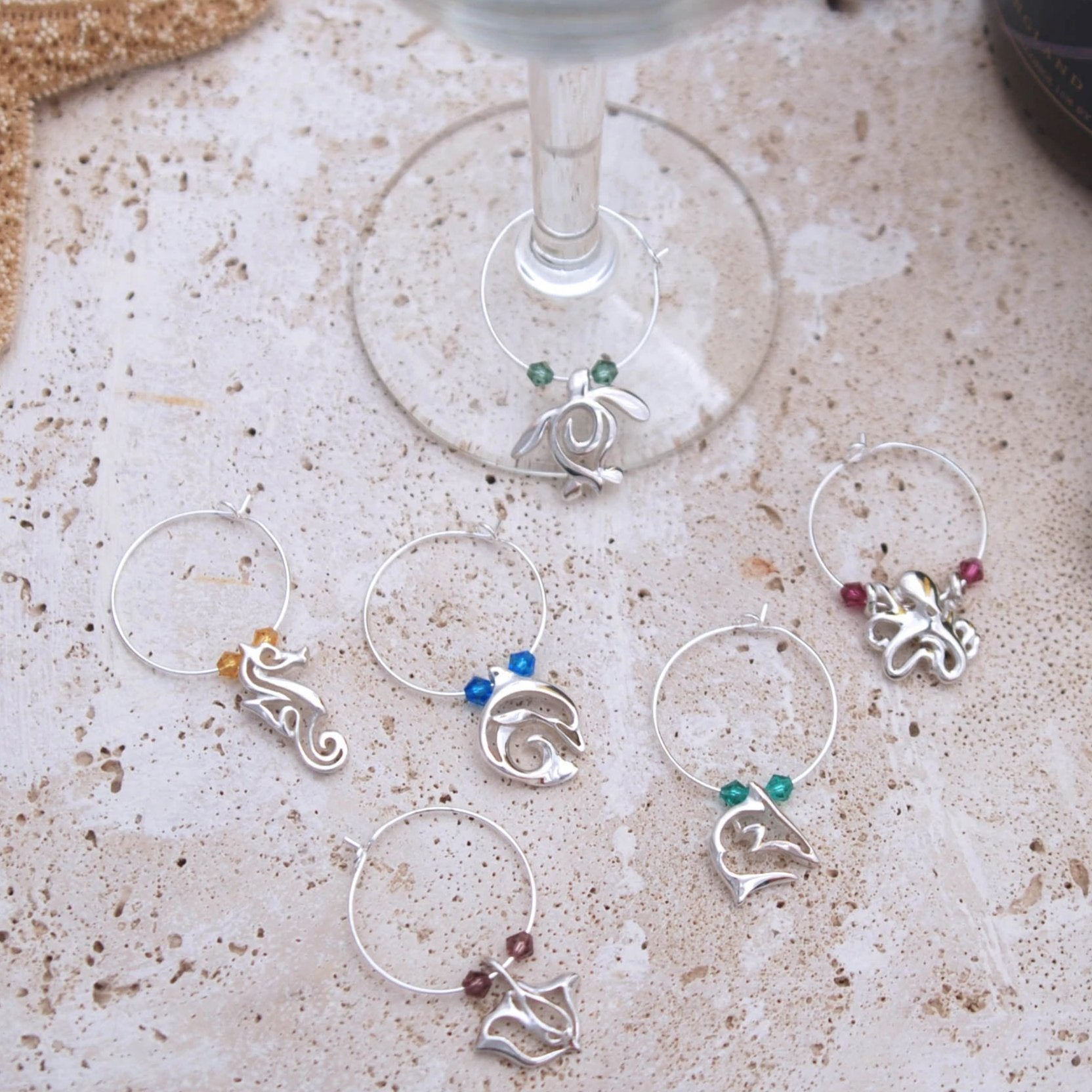 Wine Glass Charms, Sea Life Wine Charms, Wine Tags for Divers, Scuba Divers Gift Set, Ocean Theme Wine Glass Sea Life Charm Markers Gift Set