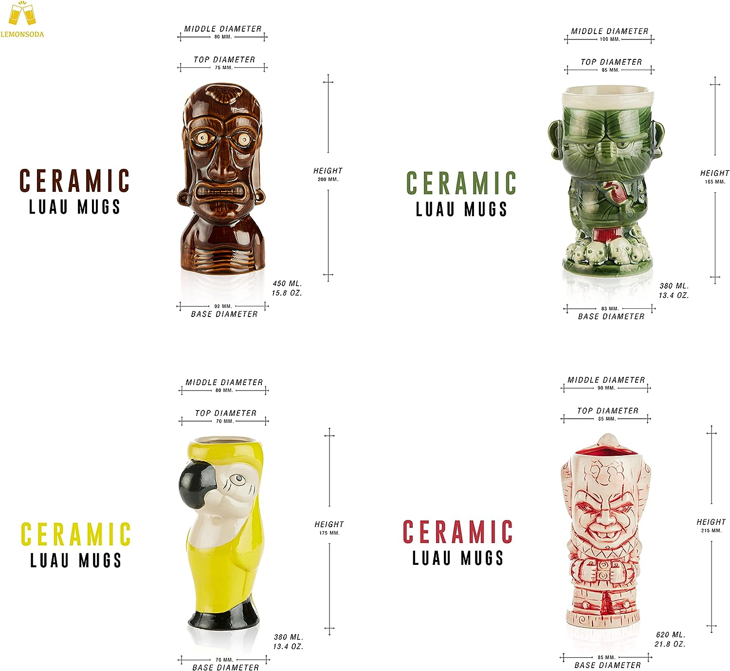 Ceramic Hawaiian Luau Tiki Mugs (Set of 4 Mugs)