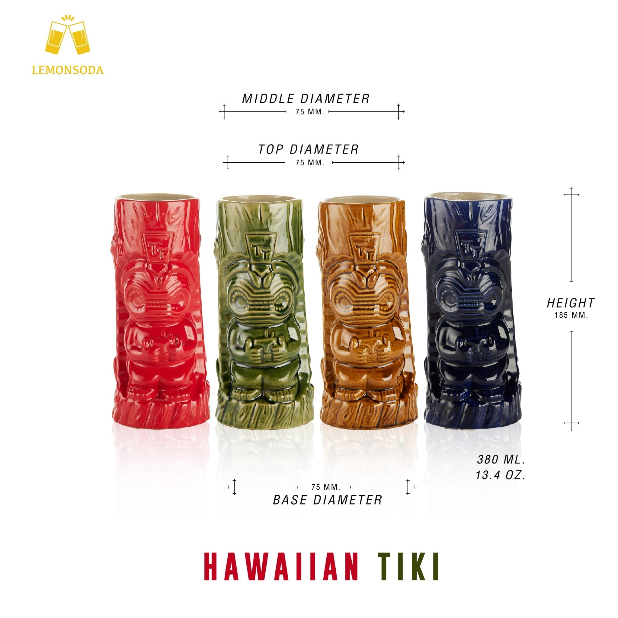 Ceramic Hawaiian Tiki Glasses Set of 4 (13.4 oz)