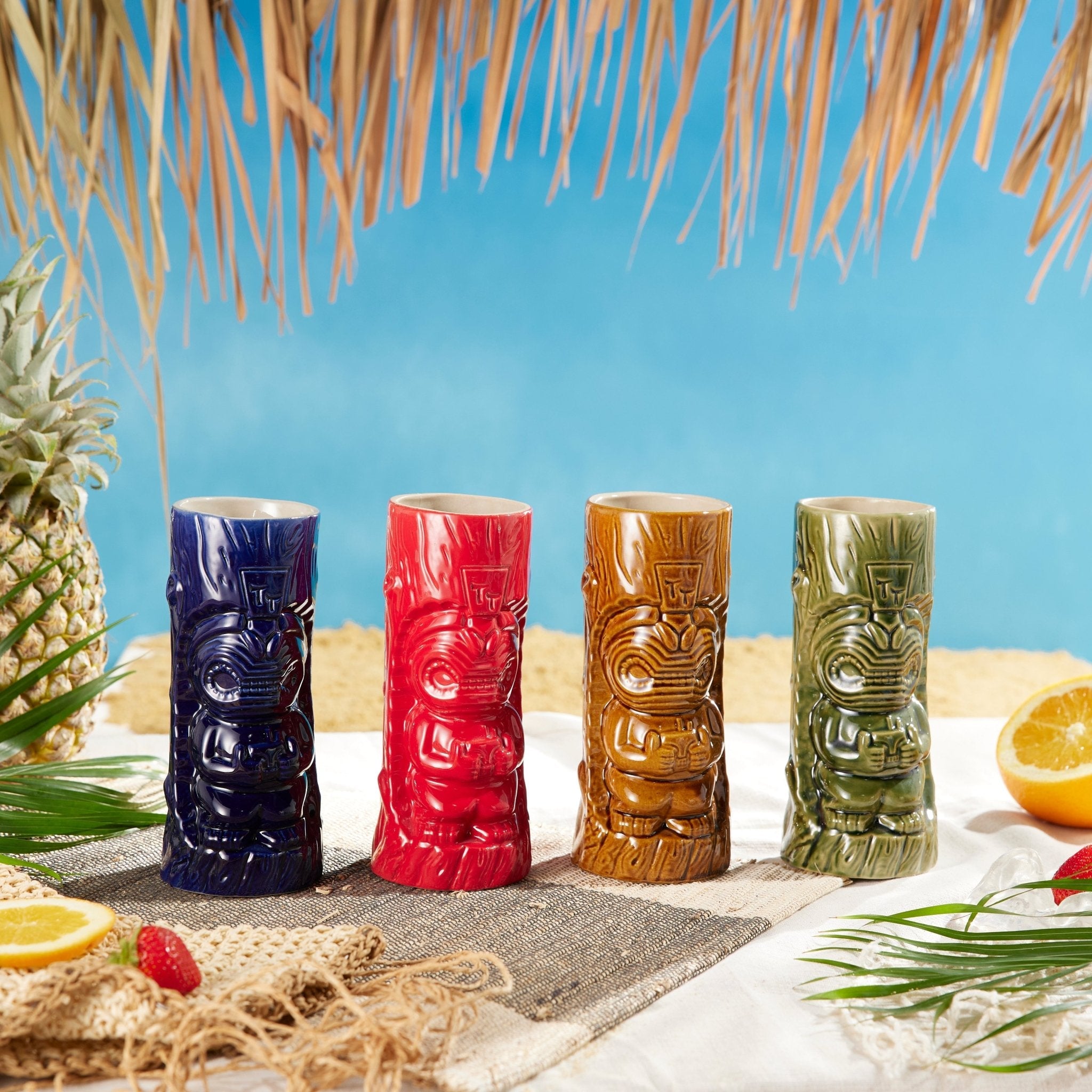 Ceramic Hawaiian Tiki Glasses Set of 4 (13.4 oz)