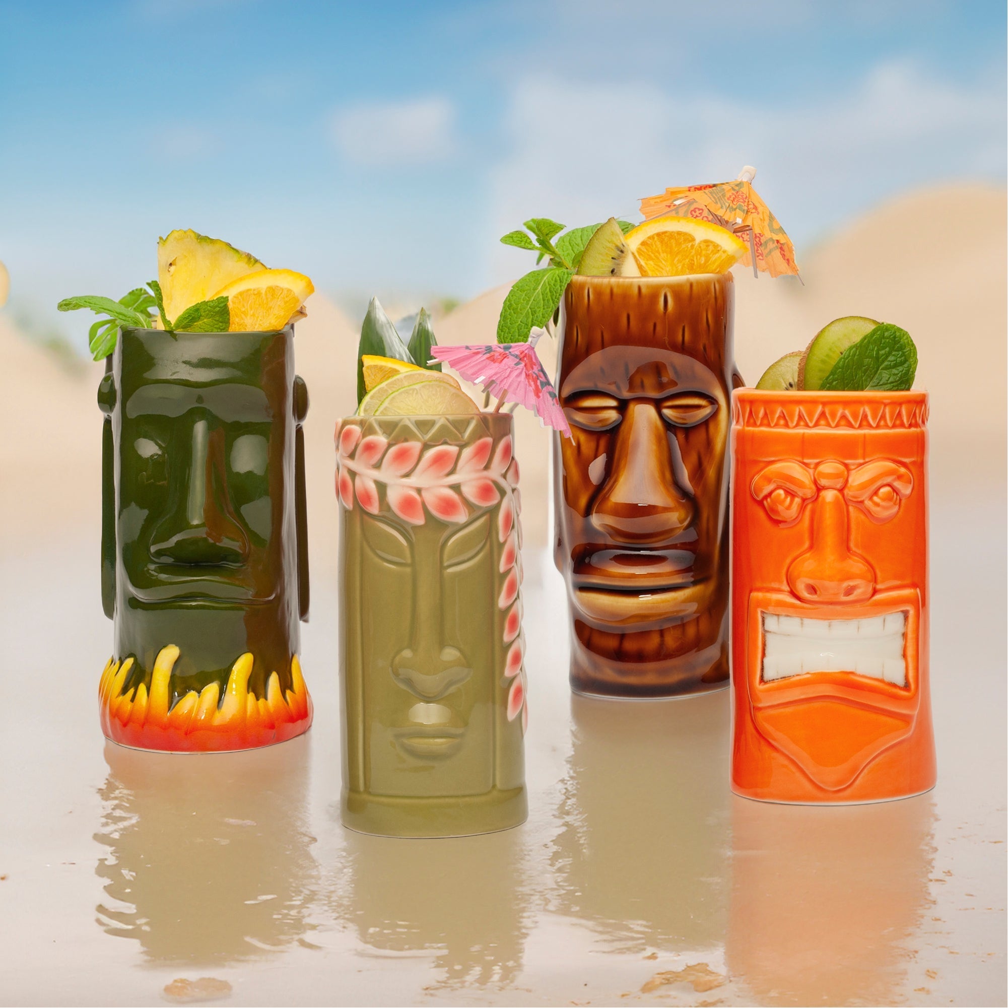 Ceramic Tiki Glasses, Set of 8 - Perfect for Exotic Cocktails, Iced Tea, Soda, Mai Tai, Long Island