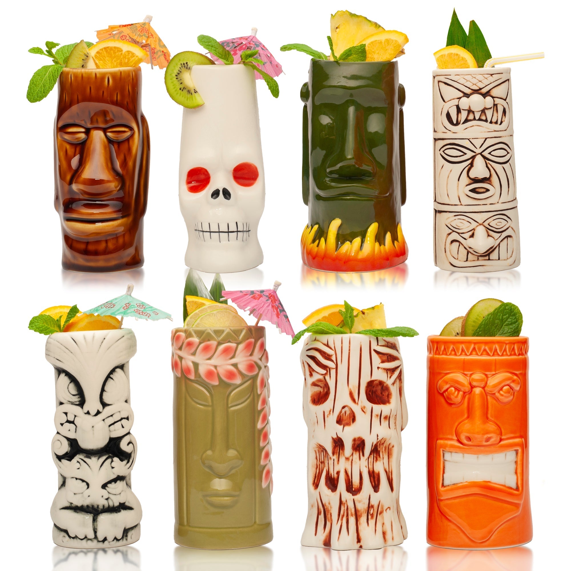 Ceramic Tiki Glasses, Set of 8 - Perfect for Exotic Cocktails, Iced Tea, Soda, Mai Tai, Long Island