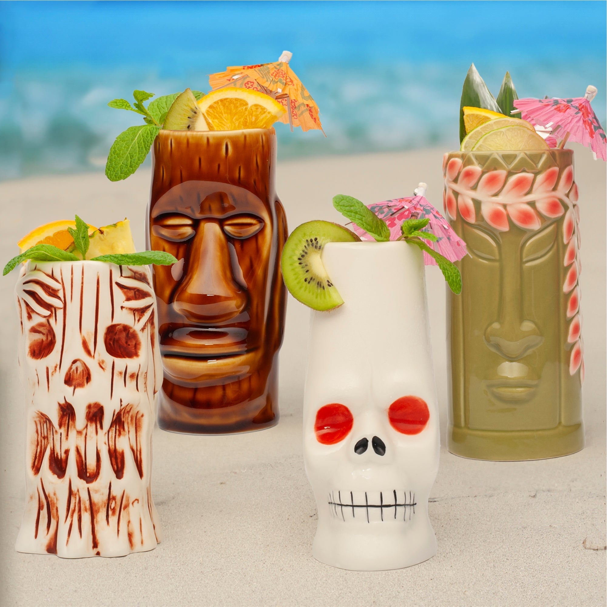 Ceramic Tiki Glasses, Set of 8 - Perfect for Exotic Cocktails, Iced Tea, Soda, Mai Tai, Long Island