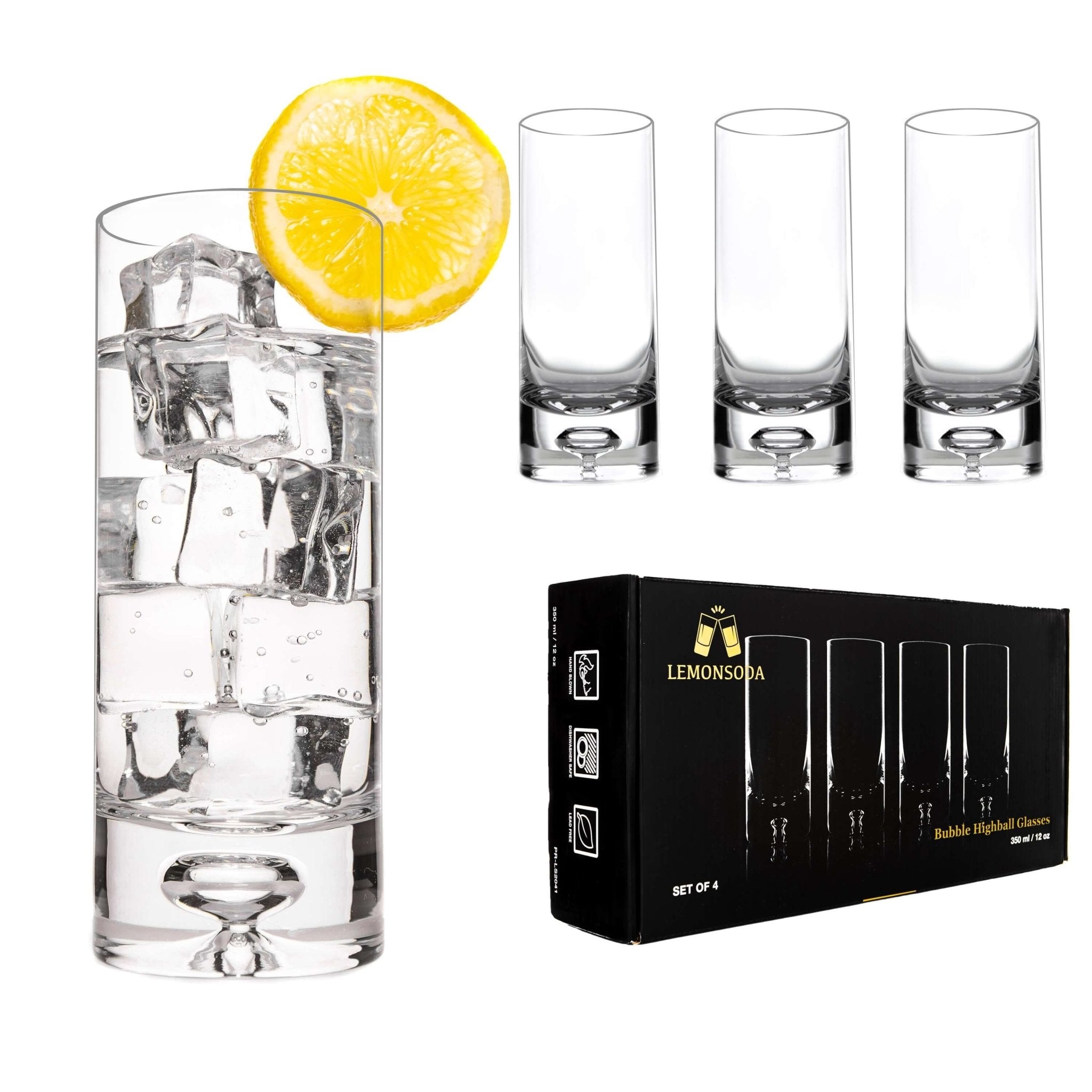 Crystal Bubble Base Collins Glass Highball Tumbler - Set of 4 - 12oz