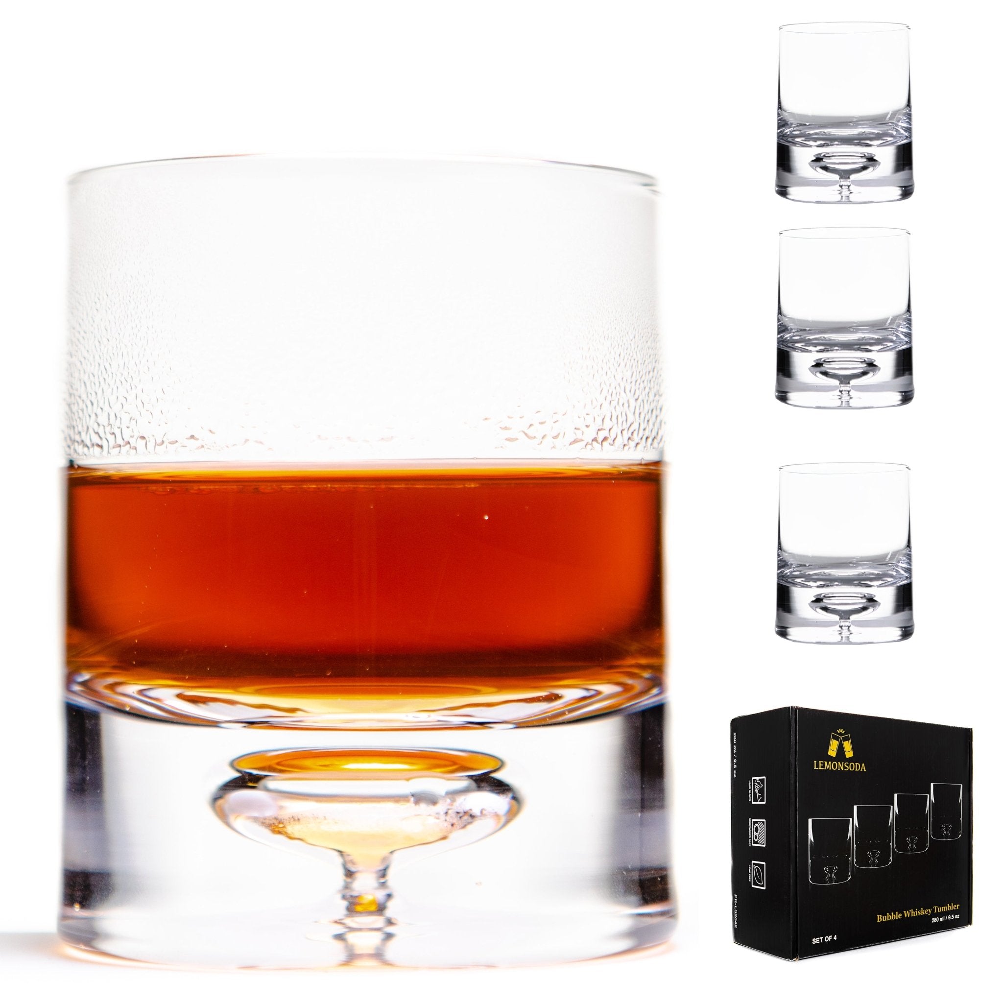 Crystal Bubble Heavy Base Whiskey Glass Tumbler - Set of 4 (9.5oz)