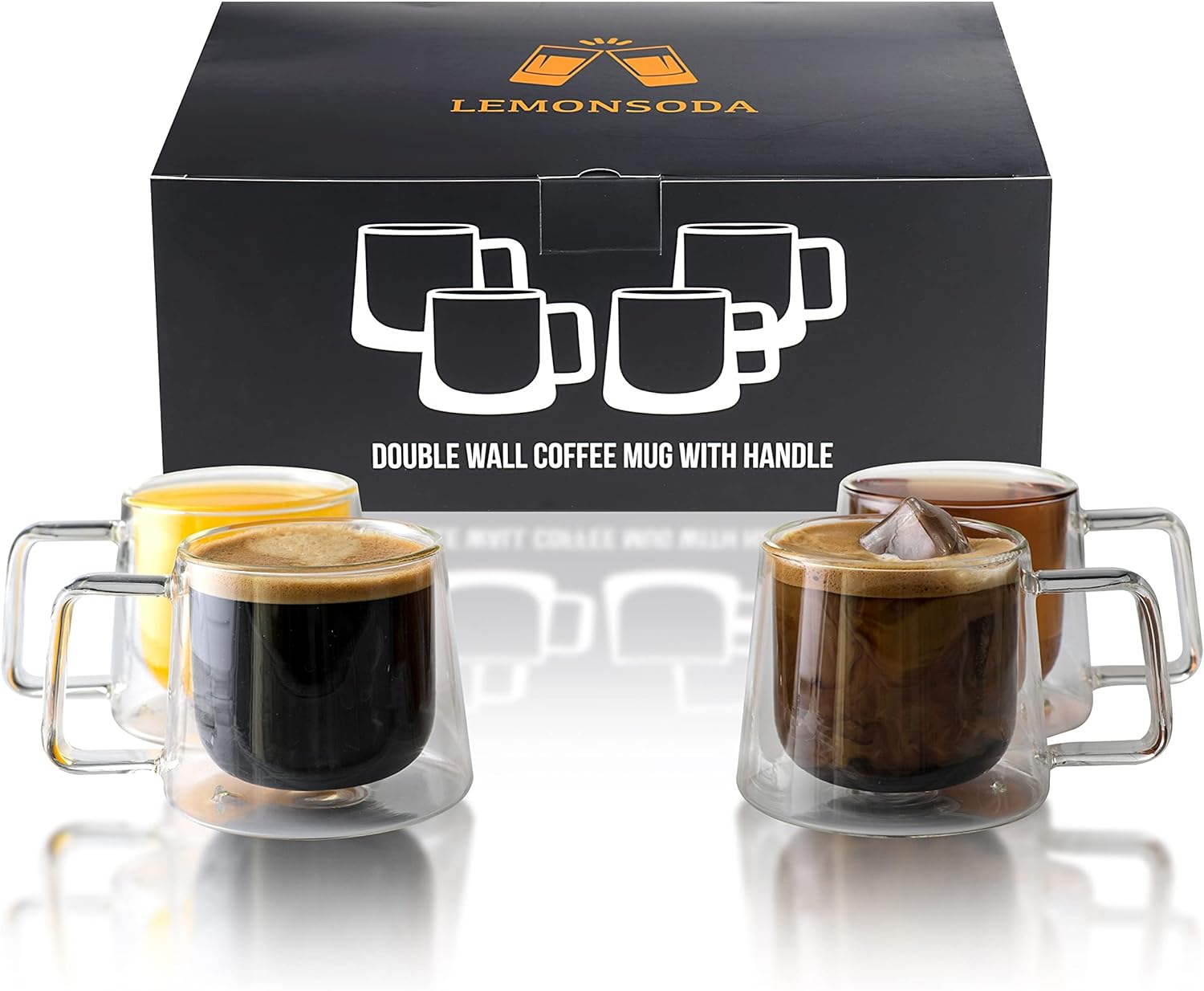 Double Walled Glass Coffee Drink Mug with Handle - Set of 4 - 8.5oz