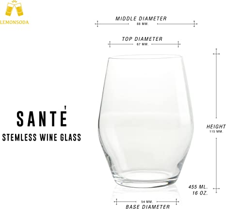 Sante Stemless Crystal Wine Glasses- Set of 6 - 15oz